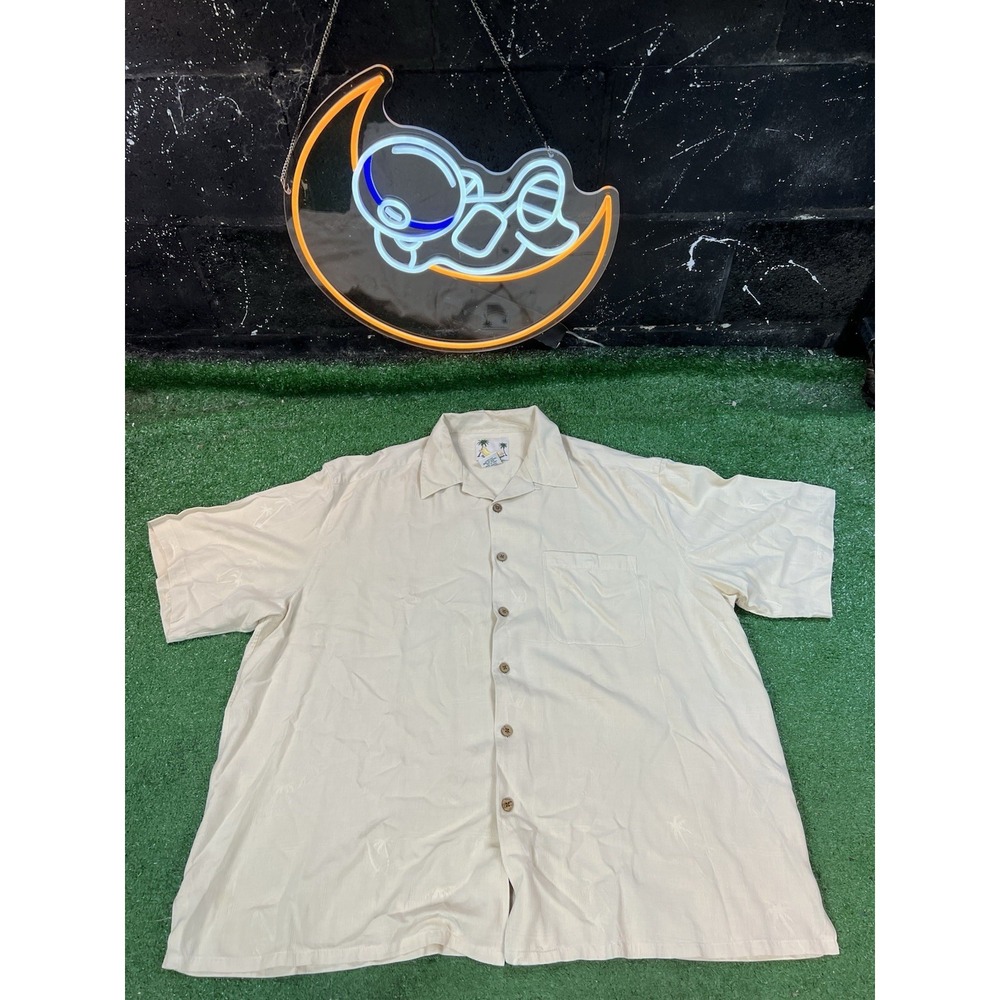 Banana Cabana Hawaiian Shirt Mens L Floral Beige 100% Silk Aloha Bamboo Button‎